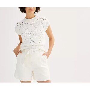 Womens Industry Extended Shoulder Short Sleeve Novelty Stitch Sweater White S
